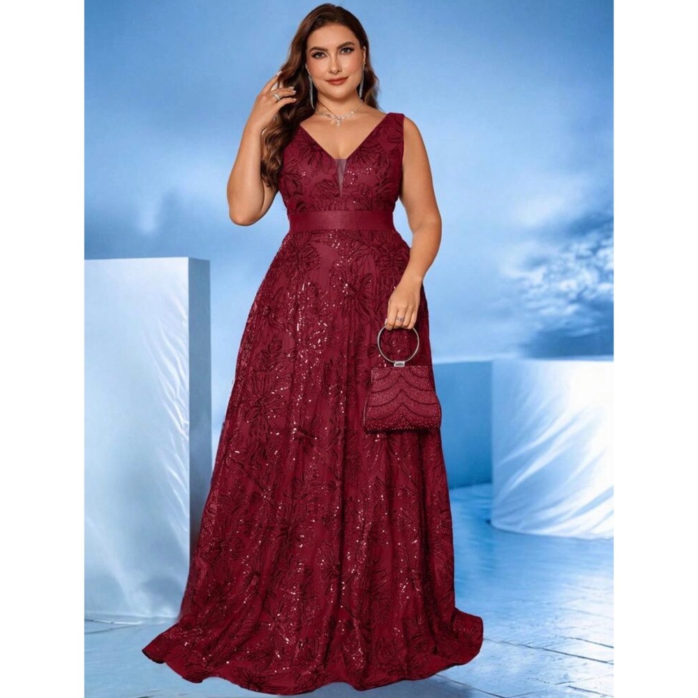 Sequin Floral Maxi Dress Women Size 12 0XL Burgundy V-Neck Gown Wedding Guest